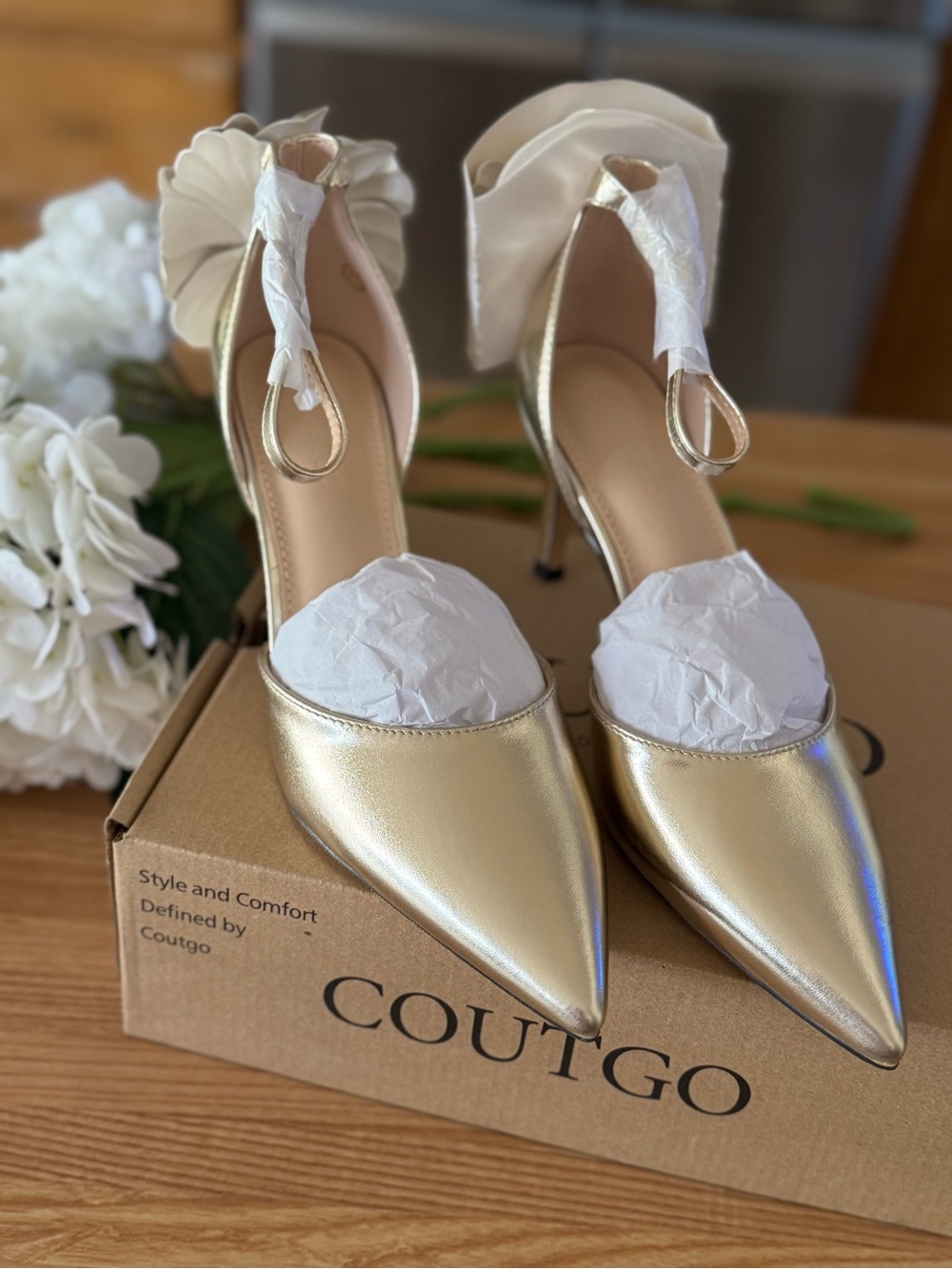 Coutgo Gold Pointed-Toe Ankle-Strap Heels